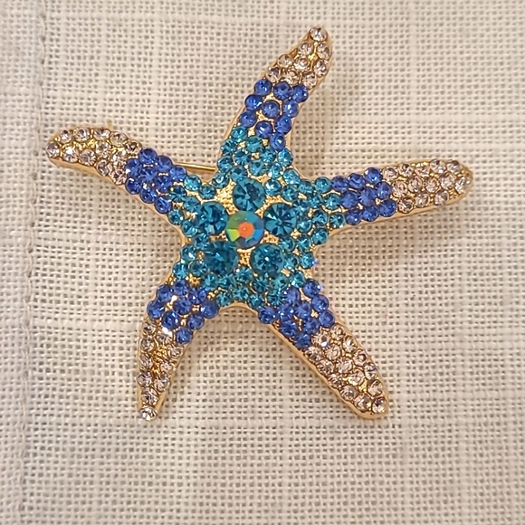 Starfish Brooch Blue/Silver Rhinestones NEW - Picture 1 of 3